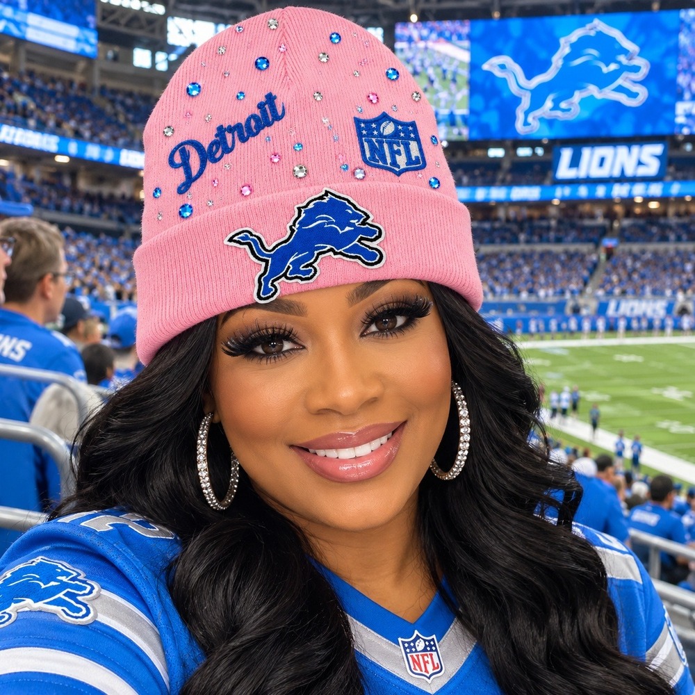 Detroit Lions NFL Pink Rhinestone Beanie Knit Hat Cuffed Detroit Script Logo